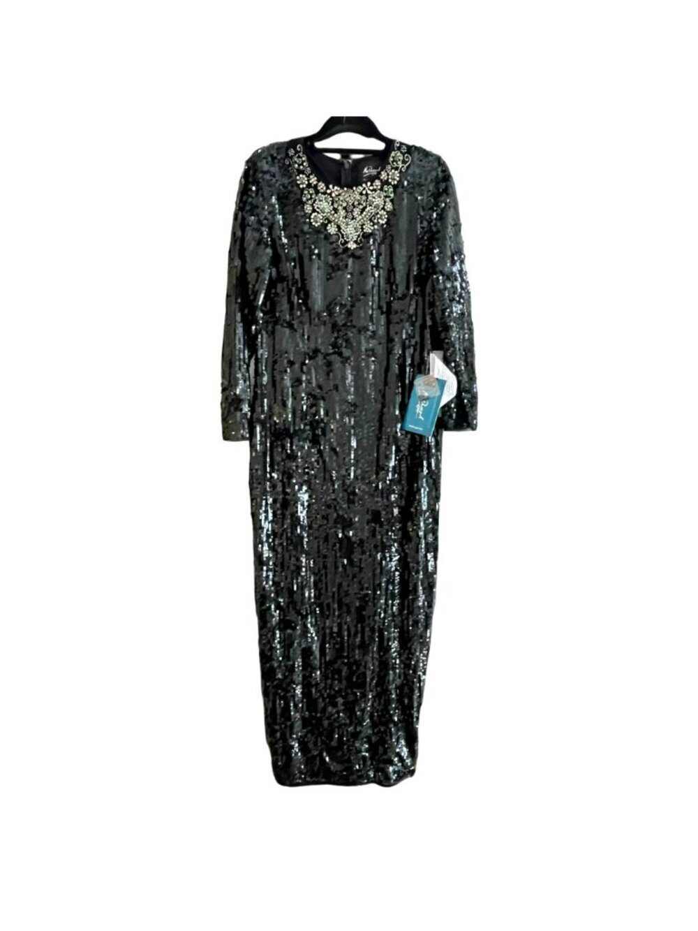 Mac Duggal Size 10 Emerald Rhinestone Necklace Black Sequin LS Maxi Gown Dress N - Picture 5 of 13
